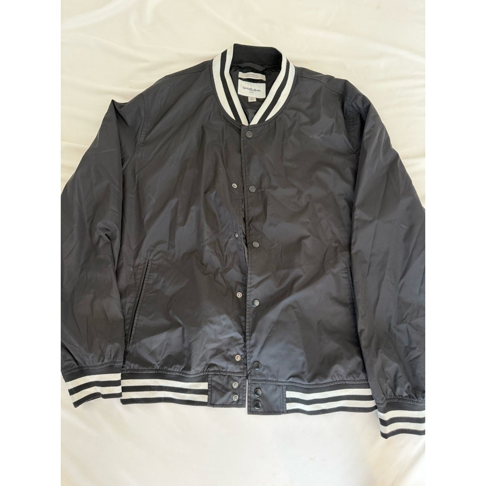 Goodfellow & Co Mens XL Black Water Resistant Varsity Bomber Jacket Striped Trim